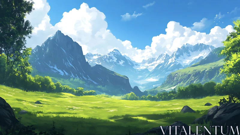 Sunlit alpine valley with receding snow-capped mountain range.