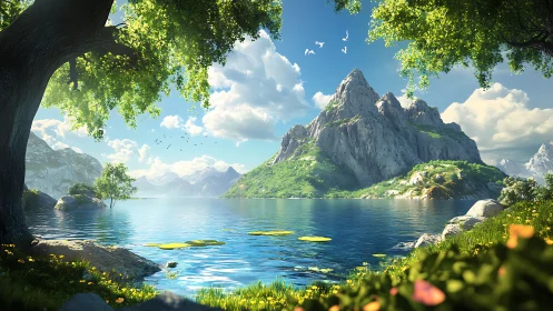 Sunlit mountain lake dreaming beneath storybook skies.