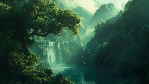 Misty Canyon Waterfall in Emerald Mountains.