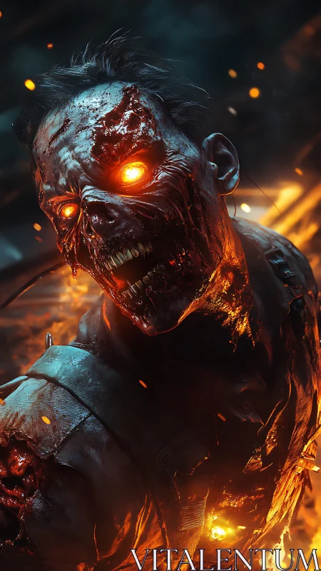 Lava-eyed infernal cyber-zombie in high-contrast firelight