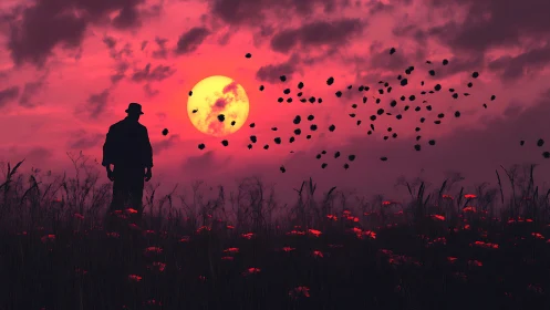 Silhouetted wanderer watches blood-red sunset sky bloom.