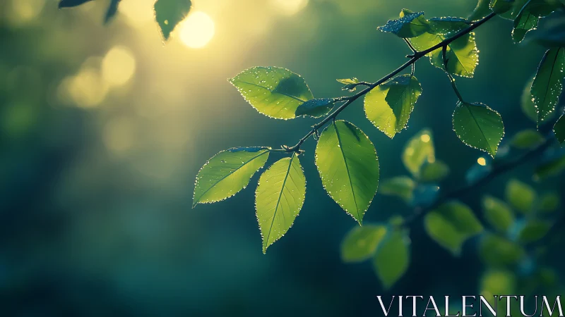 Dewy green leaves on branch in soft morning sunlight, nature photo.