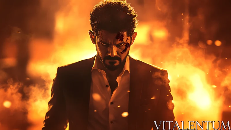 Smoldering avenger strides through a storm of urban fire.