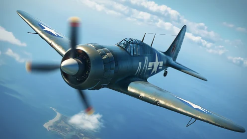 WWII naval fighter climbs above ocean in dynamic 3D render
