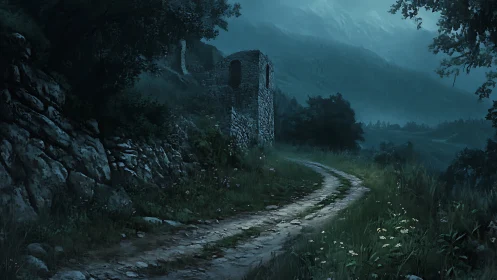 Moonlit mountain path curves past lone stone ruin tower.