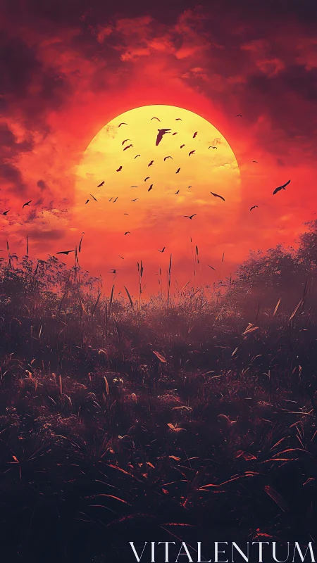 Digital painting of crimson sunset marsh with silhouetted birds.