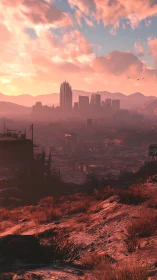 Sunlit post-apocalyptic skyline over arid suburban ruins.
