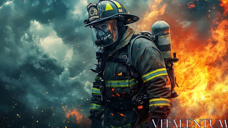 Firefighter in hazmat gear confronts massive inferno.