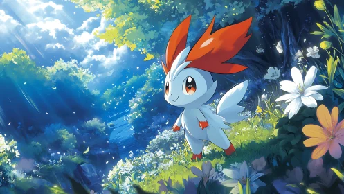 Small white creature stands in illuminated forest clearing