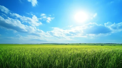 Endless green prairie under a blazing summer sky.