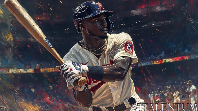 Baseball hitter locks in at bat under vivid stadium lights