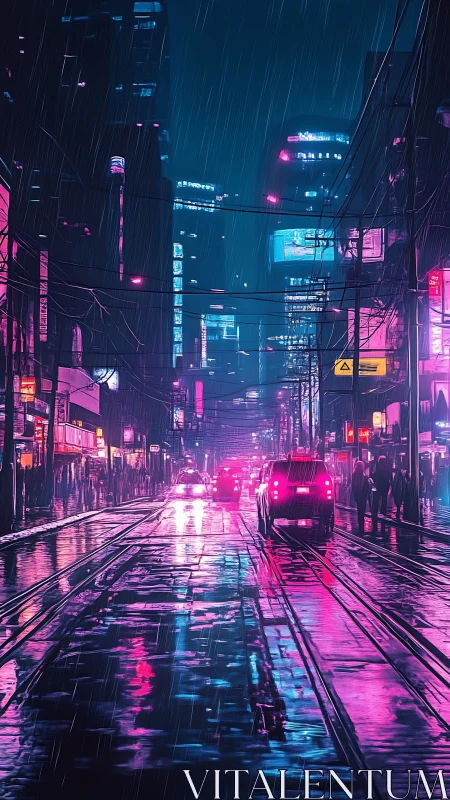 Neon rainstorm over cyberpunk avenue at nightfall.