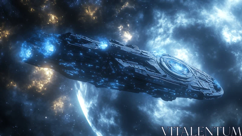Colossal starship cruising through luminous nebula field.