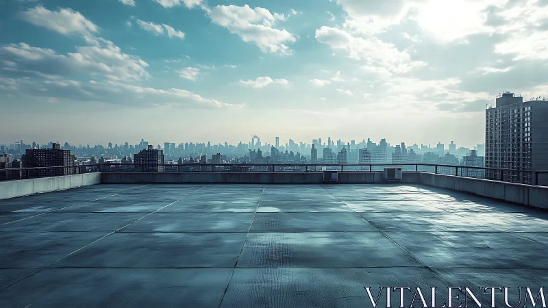 Skyline balcony drifts above a quiet, rain-washed rooftop.