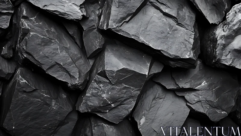 Layered dark rock fragments in tightly packed arrangement.