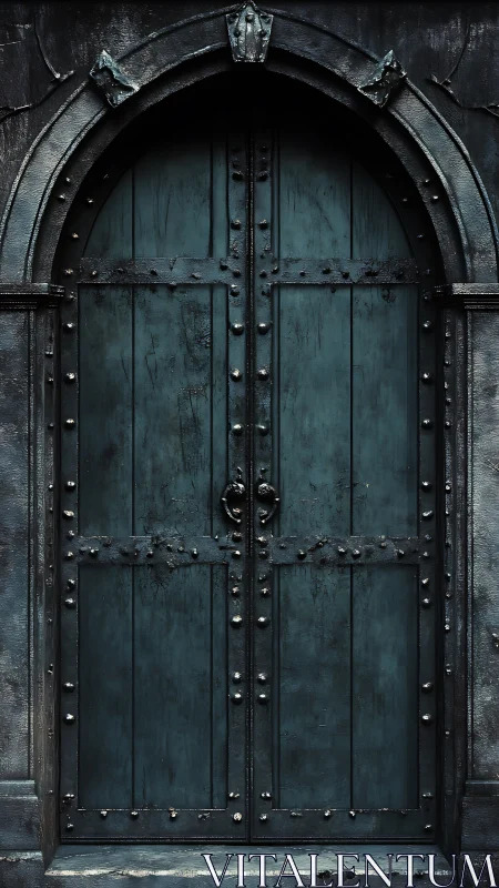 Gothic iron door stands sealed beneath a dark arched frame.