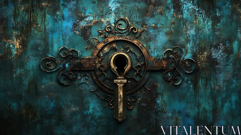 Ornate brass keyhole on oxidized teal patina metal surface