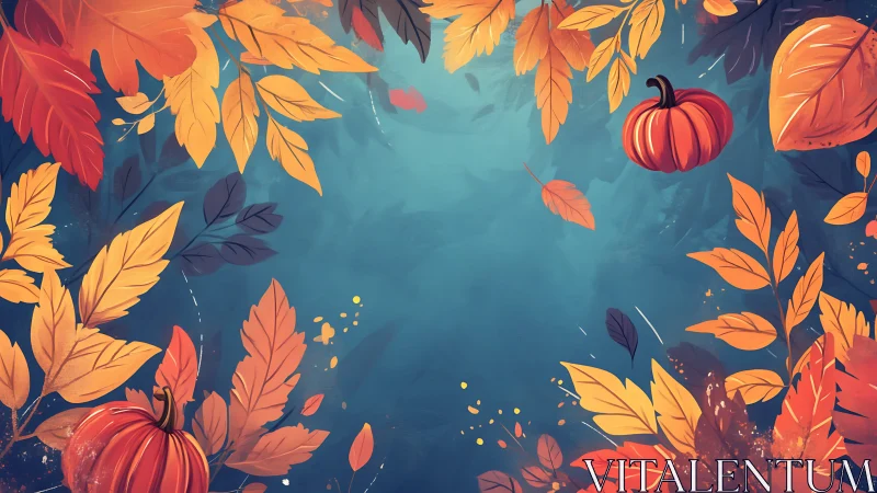 Autumn leaves frame with pumpkins on teal textured background.