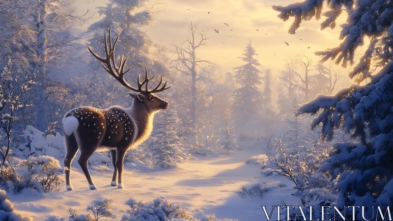 Cinematic digital stag in luminous winter forest tableau.