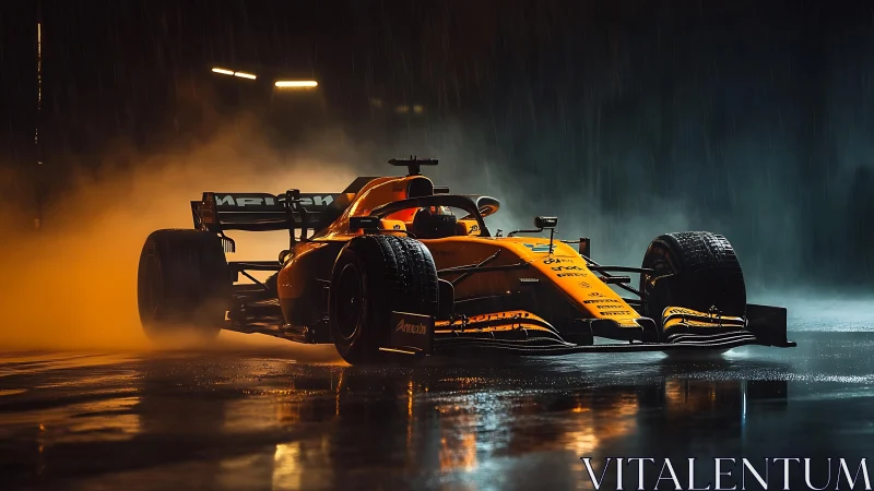 Rain-soaked race car glowing in dramatic pit lane light.