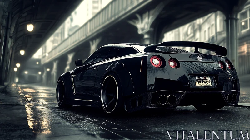 Midnight tuner beast prowl under rain slick city overpass.