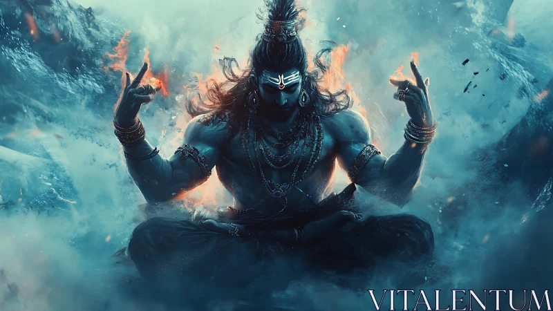 Storm-wreathed blue deity in blazing meditative power.