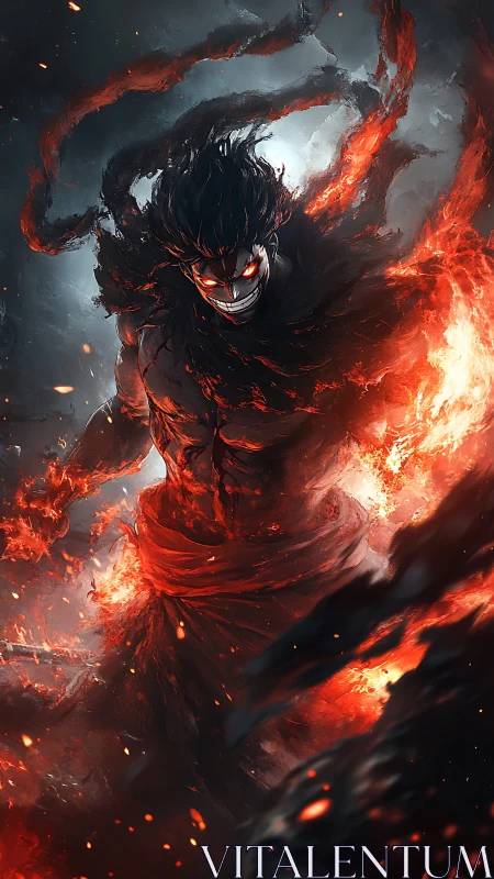 Infernal warrior strides through swirling flames and shadow.