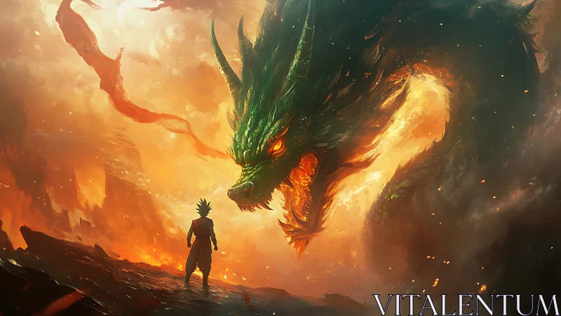 Warrior confronts massive green dragon in fiery sky scene.
