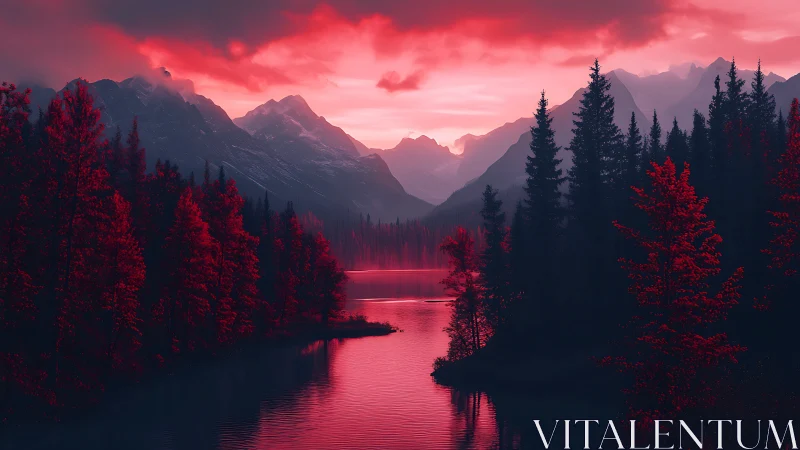 Crimson alpine lake reflects silhouetted conifers at twilight