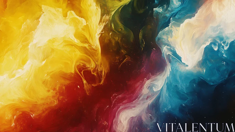 Multicolored fluid abstraction with swirling cloudlike forms.