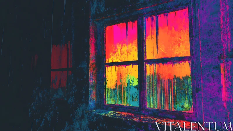 Neon window drips color against dark abandoned interior
