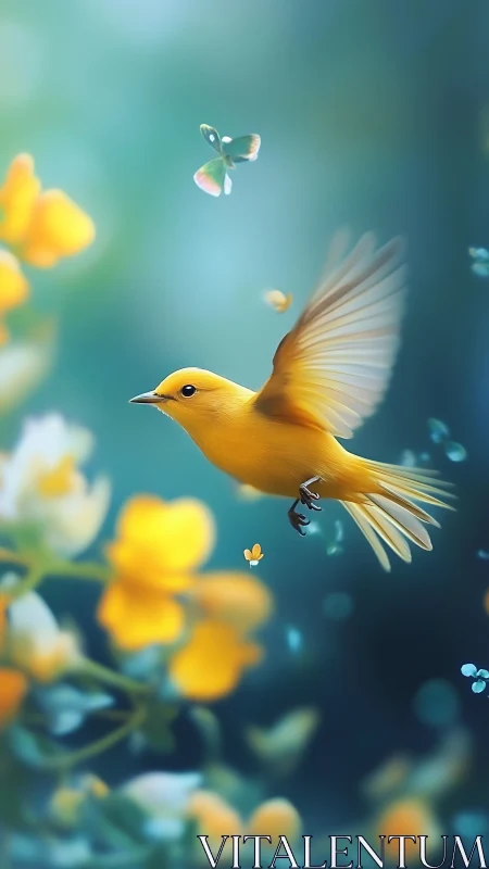 Yellow songbird in midair among soft yellow blossoms.