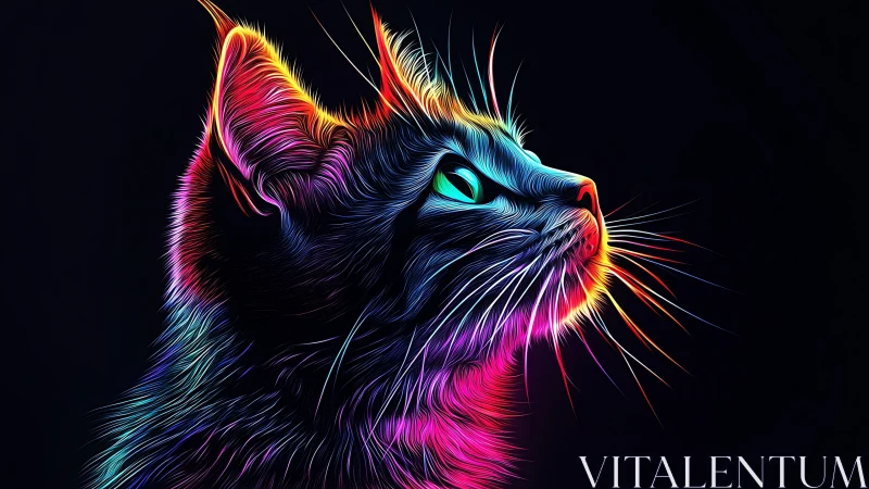 Neon feline profile with iridescent linework on black field.