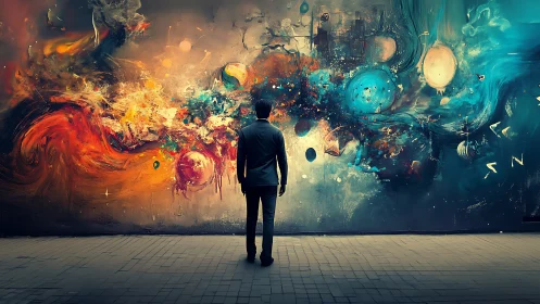 Man contemplates vast cosmic graffiti mural on urban wall