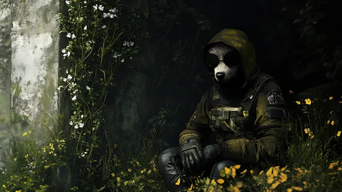 Hooded wasteland scout rests among overgrown wildflowers.