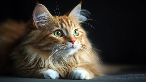 Long-haired tabby cat with white markings rests on surface against dark background.