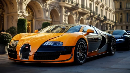 Sunlit orange supercar poised on an elegant city boulevard.