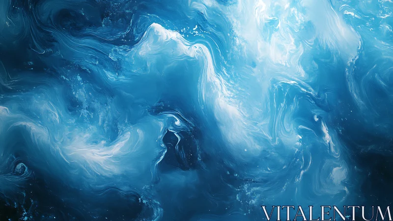 Abstract swirling blue and white liquid texture artwork.