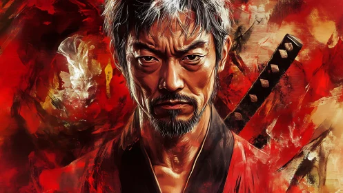 Brush-textured samurai portrait emphasizes intense facial realism