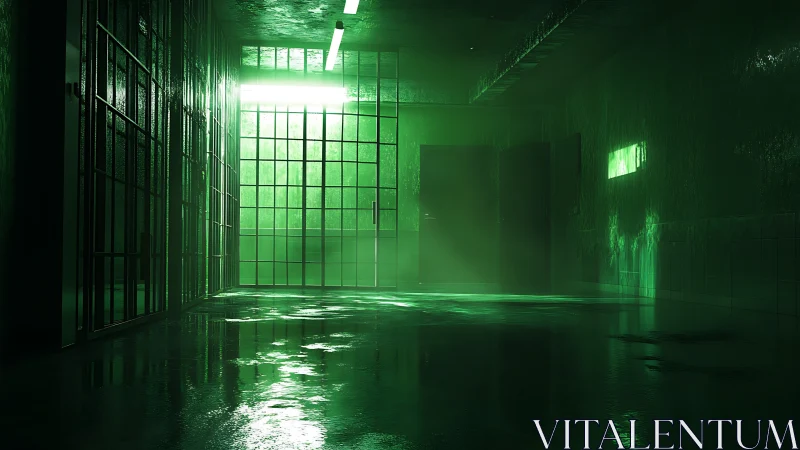 Green illuminated corridor with barred gate and wet floor.