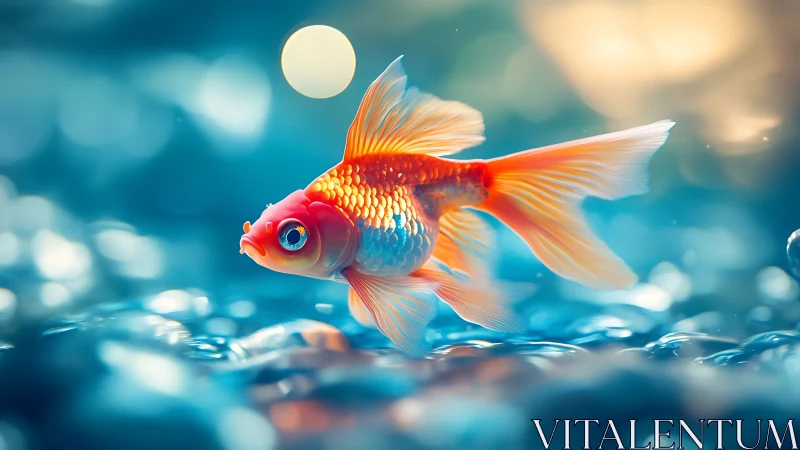 Vibrant goldfish glides through shimmering blue water.