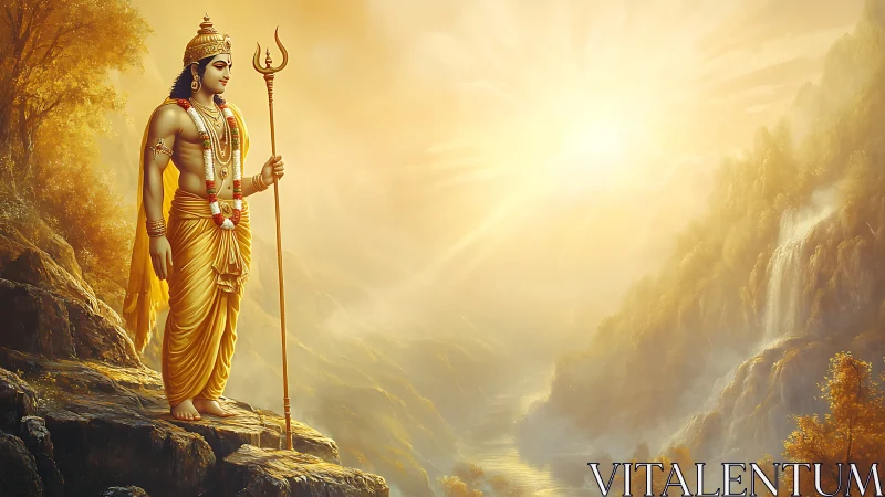 Mythic figure with trident overlooking luminous river valley.