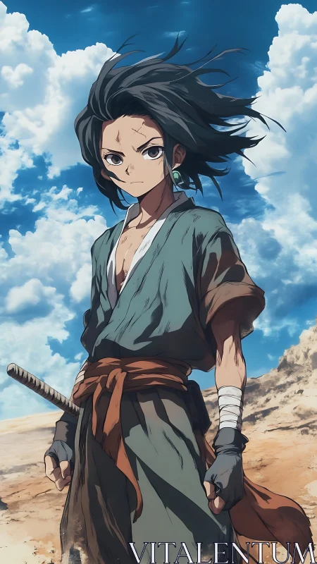 Wind-swept desert swordsman under cumuliform sky panorama.
