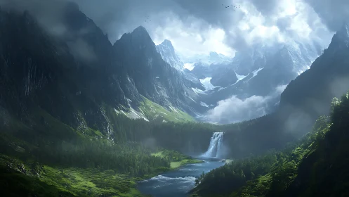 High dynamic range alpine valley with central waterfall and river