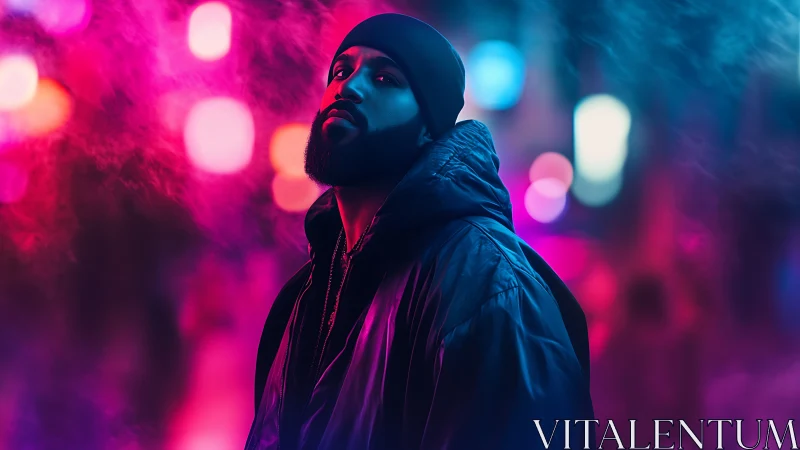 Man in hooded jacket under neon city lights at night.