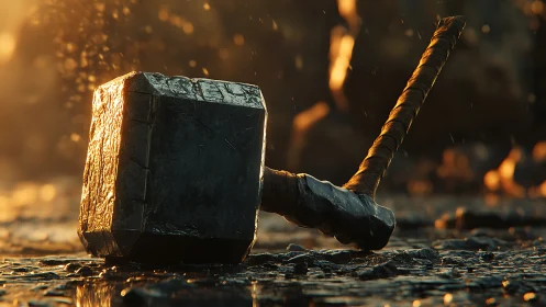 Weathered stone hammer resting in golden evening light.