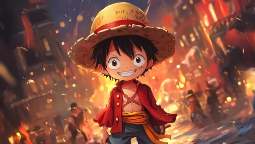 Straw hat boy stands amid blazing nighttime city chaos