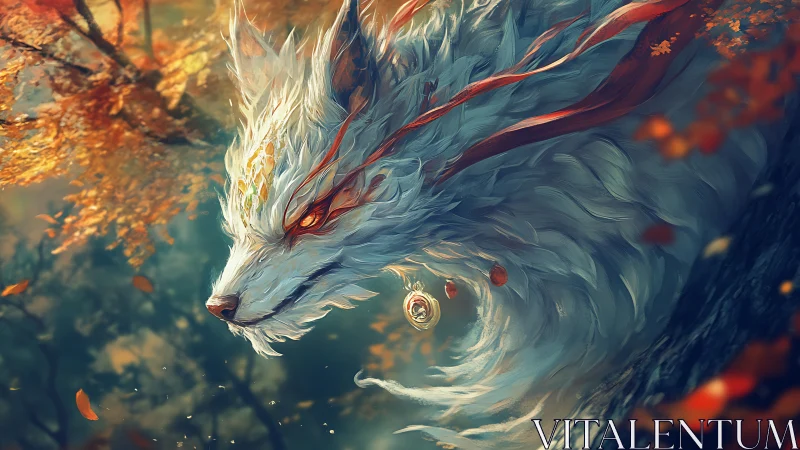 Mythic white fox spirit amid swirling autumn foliage.