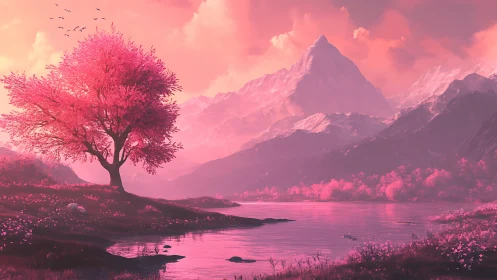 Rose-tinted alpine lake with solitary blossom tree at dusk.