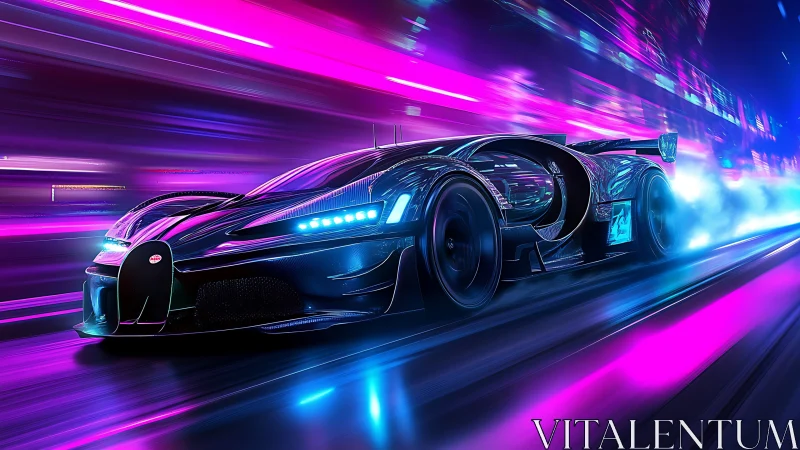 Neon-lit hypercar races through motion-blurred cyberpunk highway